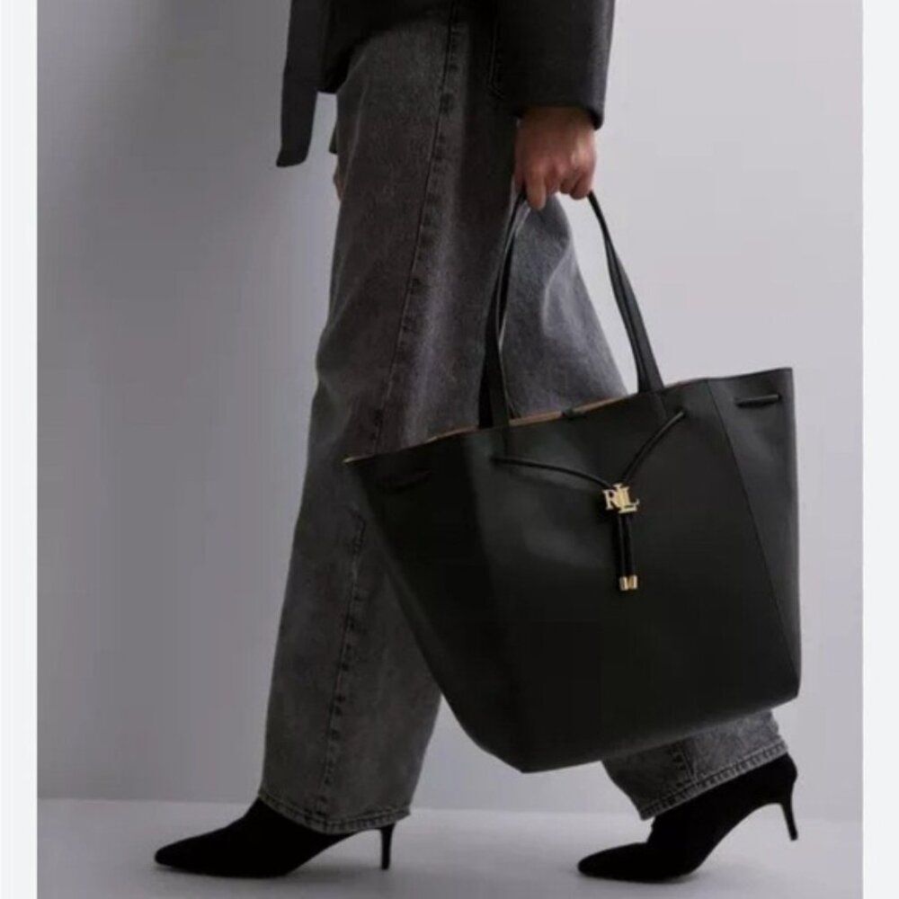 Lauren Ralph Lauren Andie Large Leather Drawstring Tote in Black, New - Picture 3 of 16